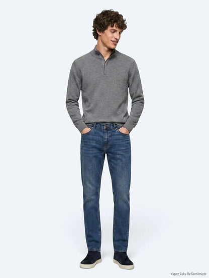 Indigo Düz Slim Fit Denim Pamuk Karışımlı Pantolon