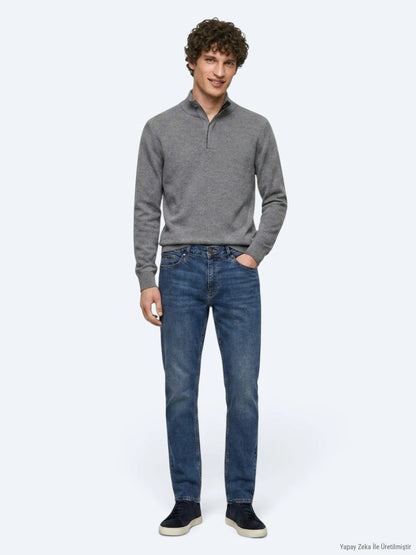 Indigo Düz Slim Fit Denim Pamuk Karışımlı Pantolon