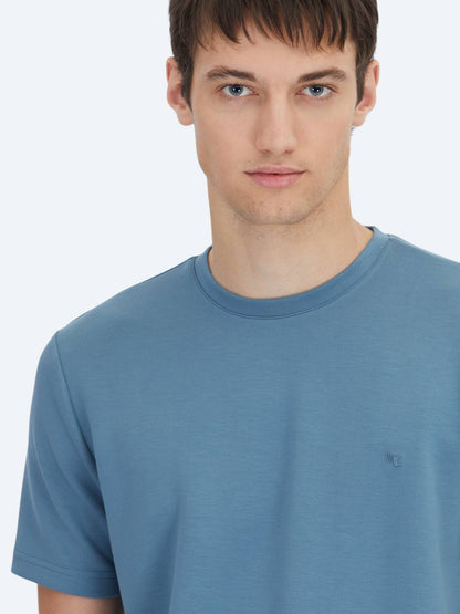 Indigo Düz Bisiklet Yaka T-shirt