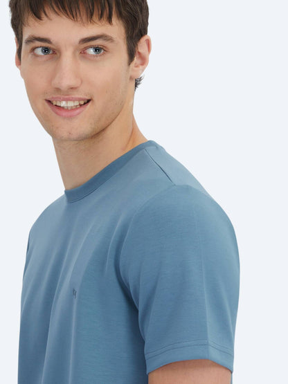 Indigo Düz Bisiklet Yaka T-shirt