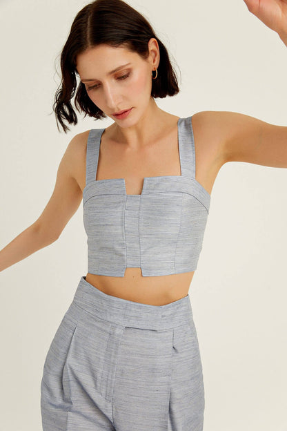 Indigo Kalın Askılı Crop Keten Bluz