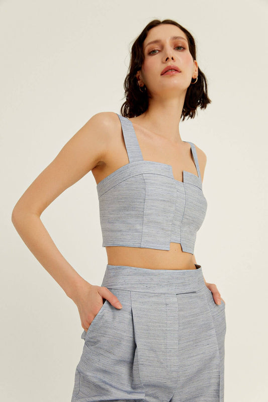 Indigo Kalın Askılı Crop Keten Bluz