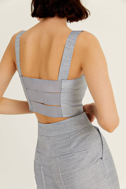 Indigo Kalın Askılı Crop Keten Bluz