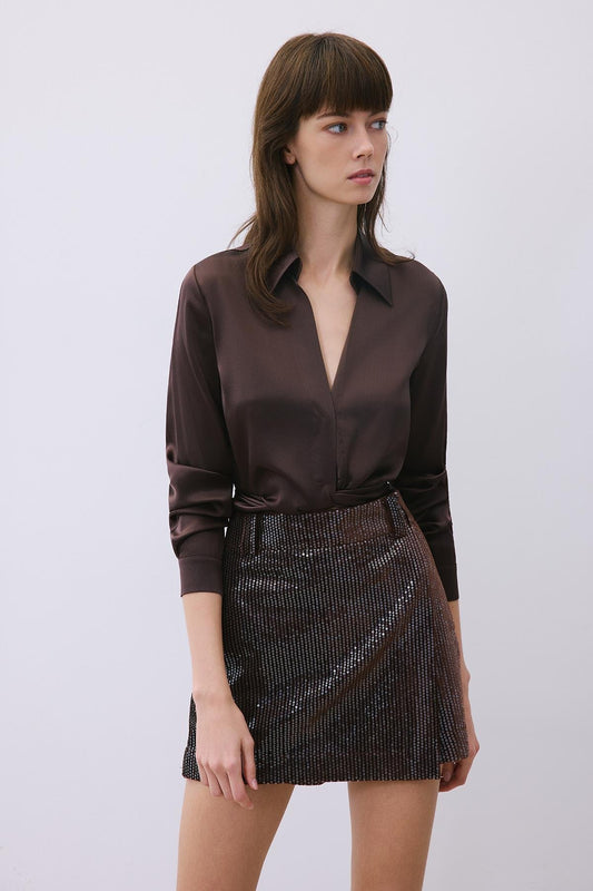 Kadife Payetli Kahve Şort Etek