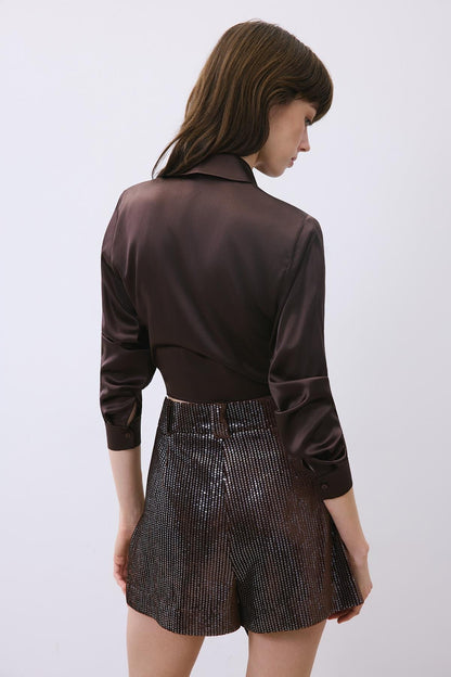 Kadife Payetli Kahve Şort Etek