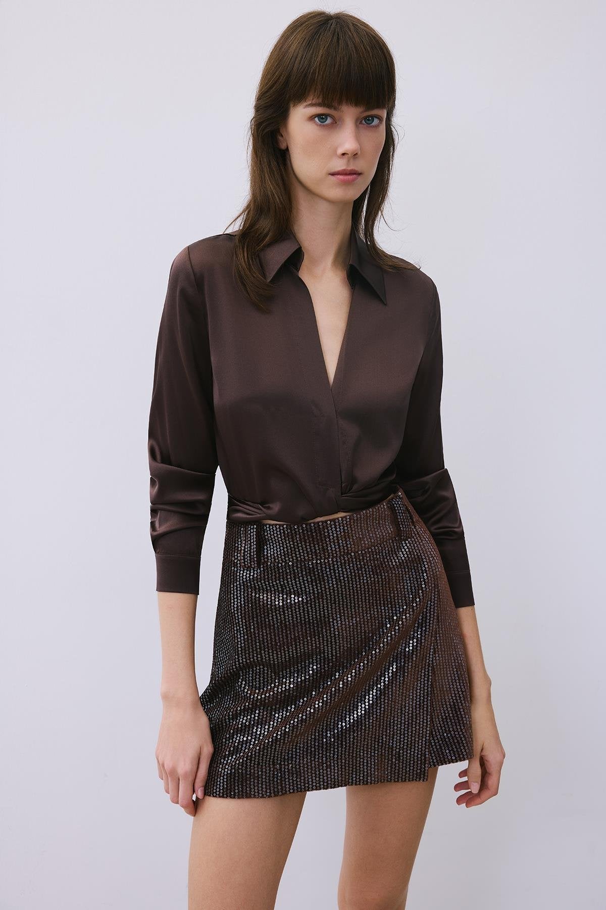 Kadife Payetli Kahve Şort Etek