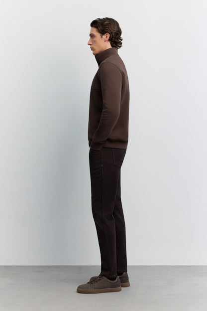 Kahve Dik Yaka Fermuarlı -5 Dereceye Dayanıklı Sweatshirt