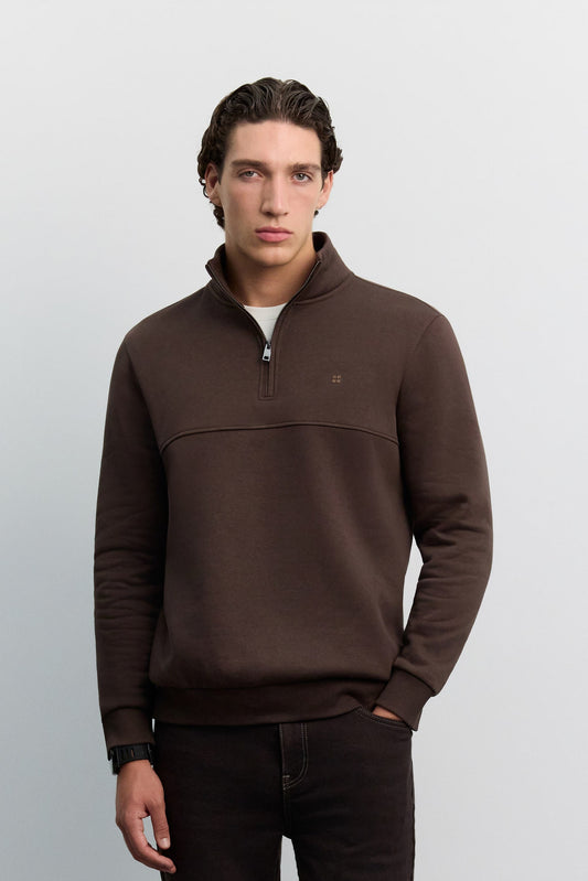 Kahve Dik Yaka Fermuarlı -5 Dereceye Dayanıklı Sweatshirt
