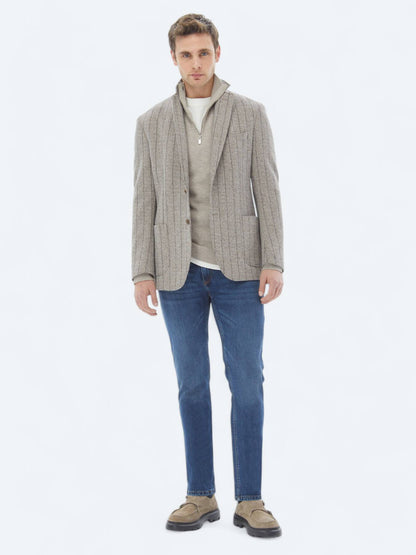 Kahverengi Çizgili Modern Fit Pamuk Karışımlı Örme Ceket