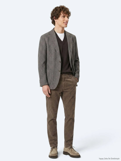 Kahverengi Desenli Modern Fit Yün Karışımlı Ceket