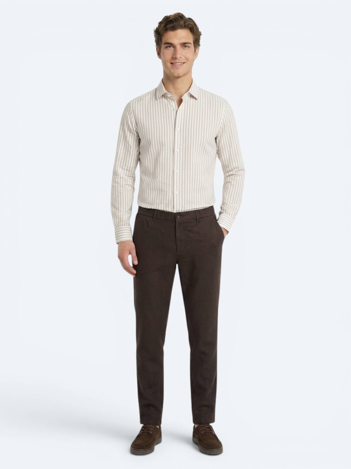 Kahverengi Dokuma Relaxed Fit Casual Pamuk Karışımlı Pantolon