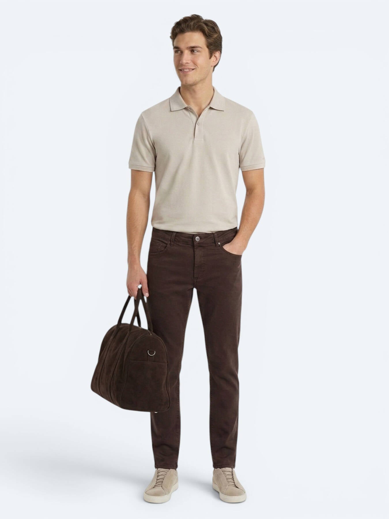 Kahverengi Dokuma Slim Fit Spor Pamuk Karışımlı Pantolon