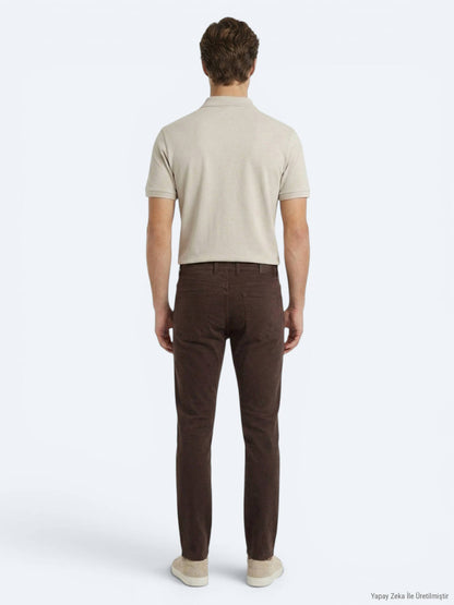 Kahverengi Dokuma Slim Fit Spor Pamuk Karışımlı Pantolon