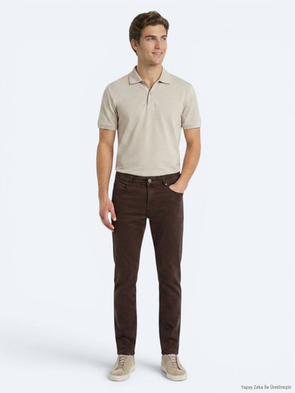 Kahverengi Dokuma Slim Fit Spor Pamuk Karışımlı Pantolon