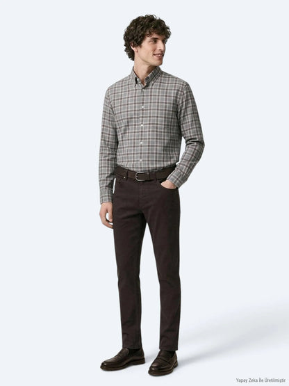 Kahverengi Düz Dokuma Slim Fit Spor Pamuk Karışımlı Pantolon