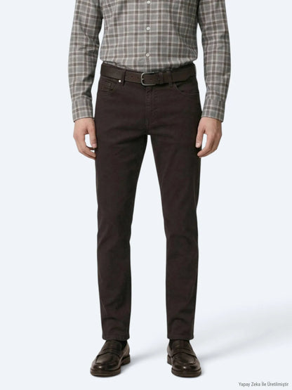 Kahverengi Düz Dokuma Slim Fit Spor Pamuk Karışımlı Pantolon