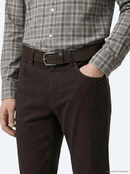 Kahverengi Düz Dokuma Slim Fit Spor Pamuk Karışımlı Pantolon