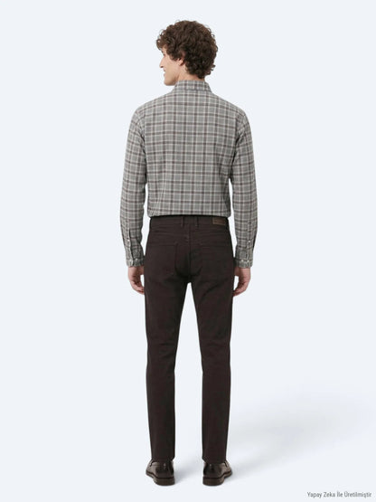 Kahverengi Düz Dokuma Slim Fit Spor Pamuk Karışımlı Pantolon