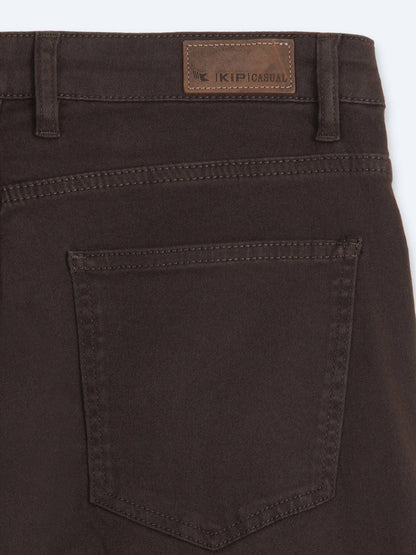 Kahverengi Düz Dokuma Slim Fit Spor Pamuk Karışımlı Pantolon