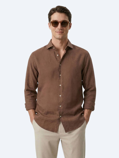 Kahverengi Düz Regular Fit Uzun Dokuma Casual Pamuk Karışımlı Gömlek