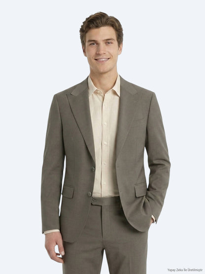 Kahverengi Kareli Modern Fit %100 Yün Takım Elbise