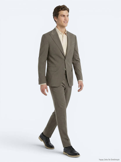 Kahverengi Kareli Modern Fit %100 Yün Takım Elbise
