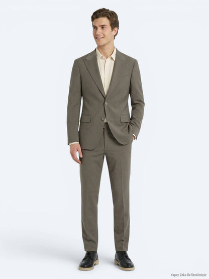Kahverengi Kareli Modern Fit %100 Yün Takım Elbise