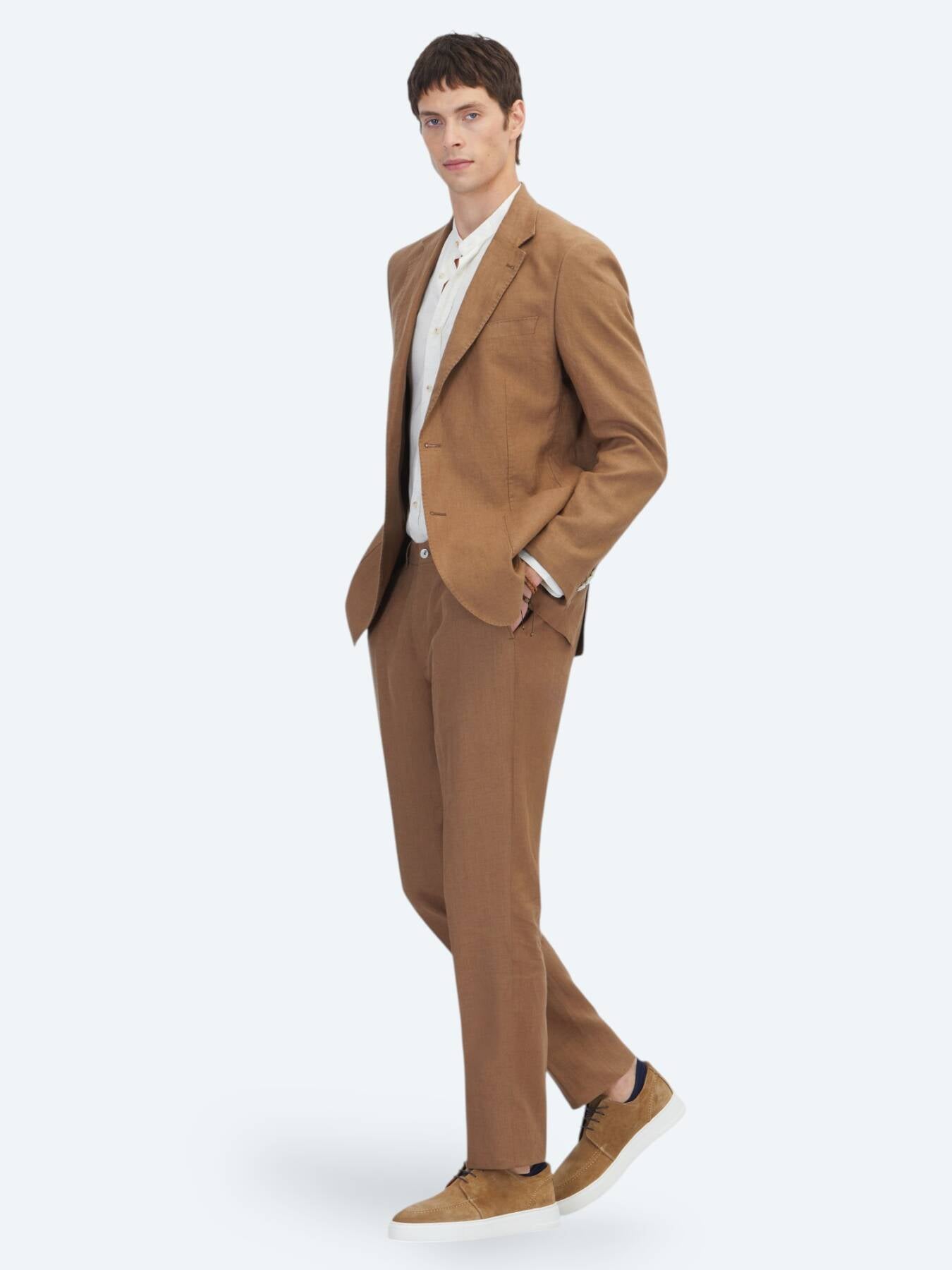 Kahverengi Modern Fit %100 Keten Takım Elbise