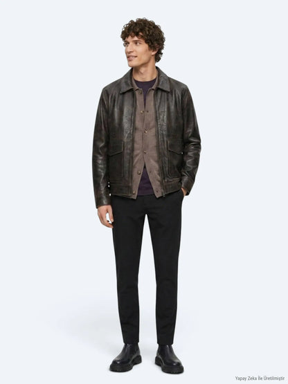 Kahverengi Regular Fit Gömlek Yaka Casual Deri Deri Mont