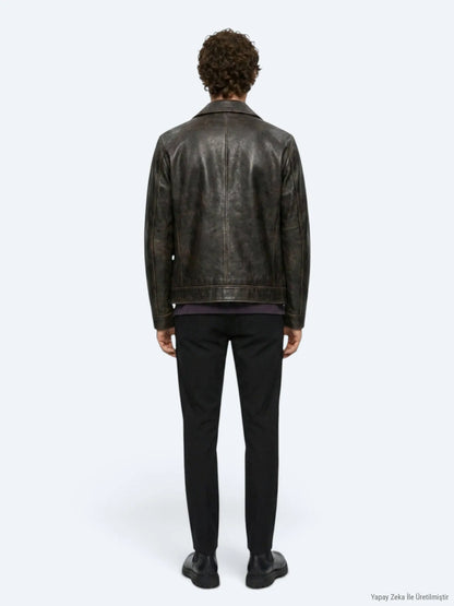 Kahverengi Regular Fit Gömlek Yaka Casual Deri Deri Mont