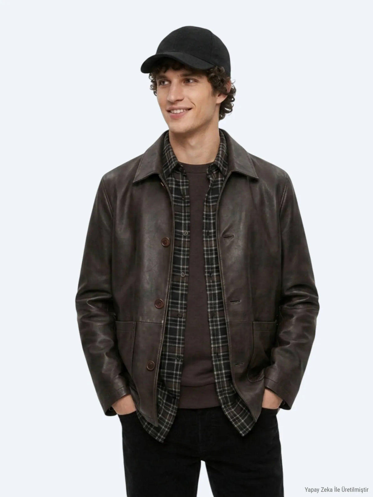 Kahverengi Regular Fit Gömlek Yaka Casual Deri Deri Mont