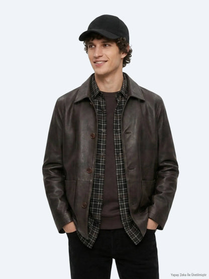 Kahverengi Regular Fit Gömlek Yaka Casual Deri Deri Mont