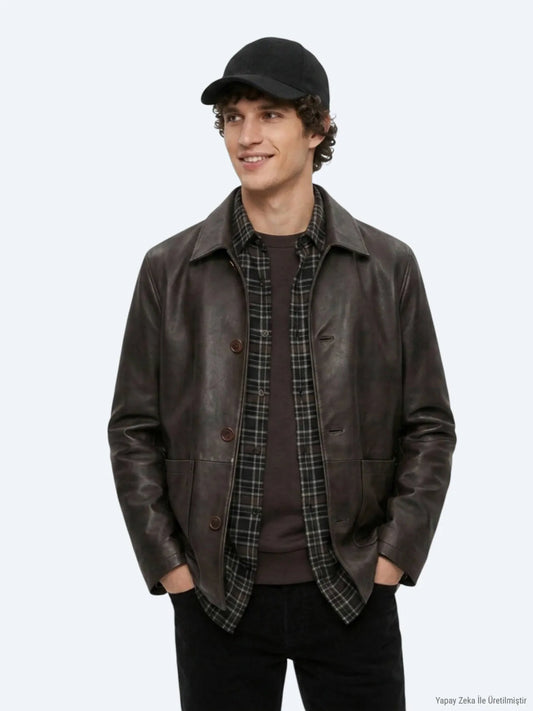 Kahverengi Regular Fit Gömlek Yaka Casual Deri Deri Mont