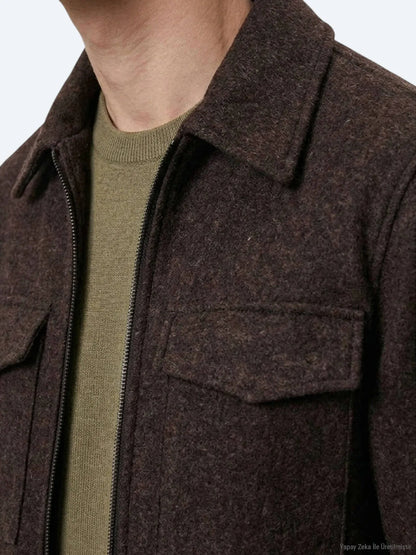 Kahverengi Regular Fit Gömlek Yaka Casual Dokuma Mont