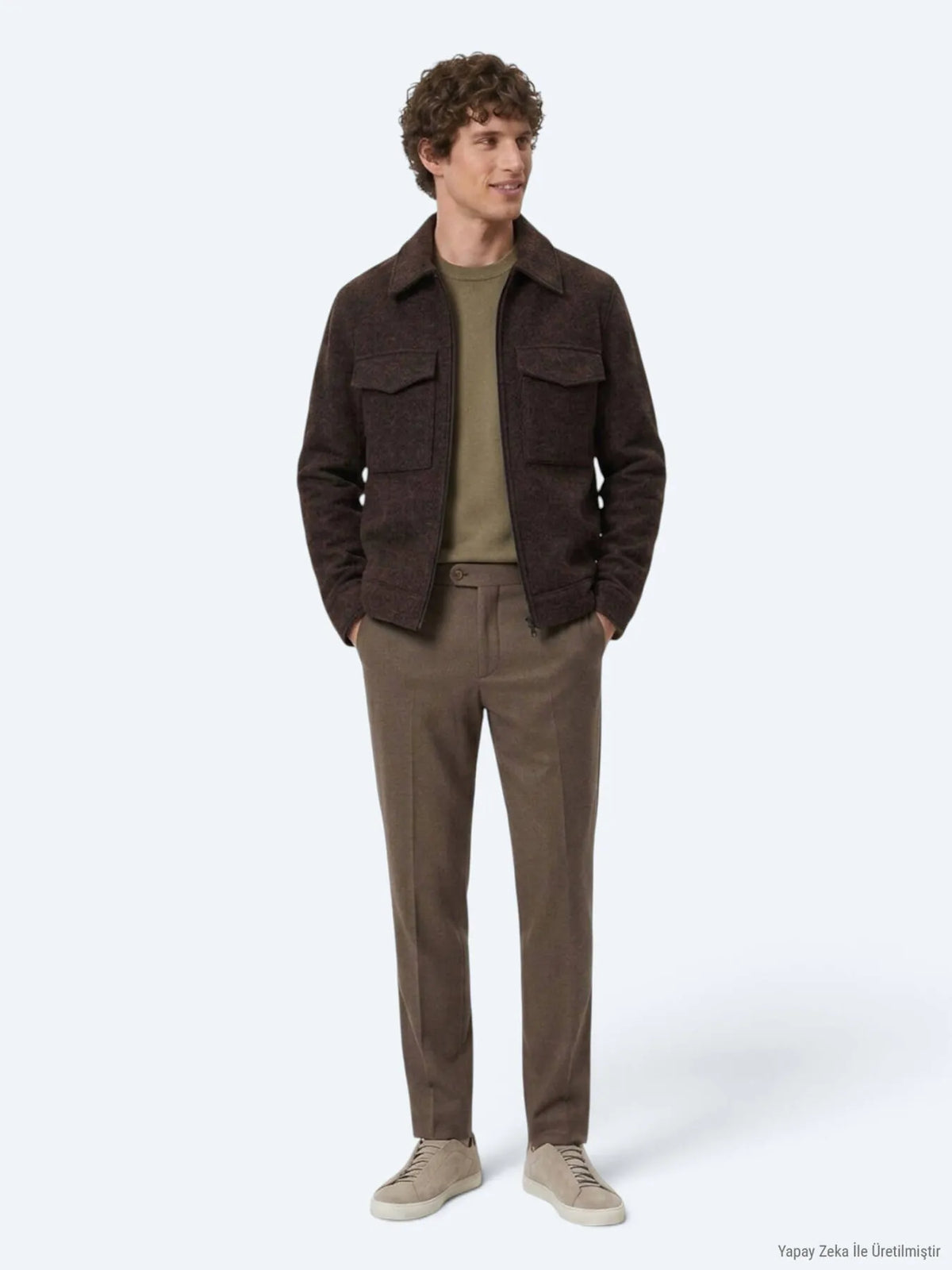 Kahverengi Regular Fit Gömlek Yaka Casual Dokuma Mont
