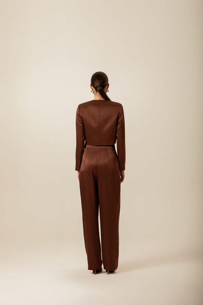 Kahverengi Saten Crop Ceket