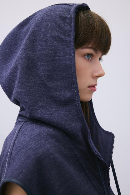 Kapüşonlu Deri Detaylı Indigo Triko Yelek