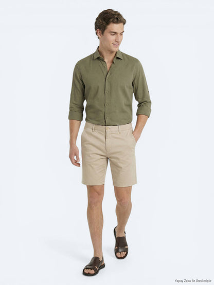 Karamel Düz Kumaş Jogging Fit Casual Pamuk Karışımlı Bermuda