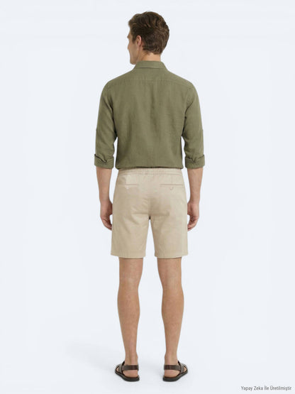 Karamel Düz Kumaş Jogging Fit Casual Pamuk Karışımlı Bermuda