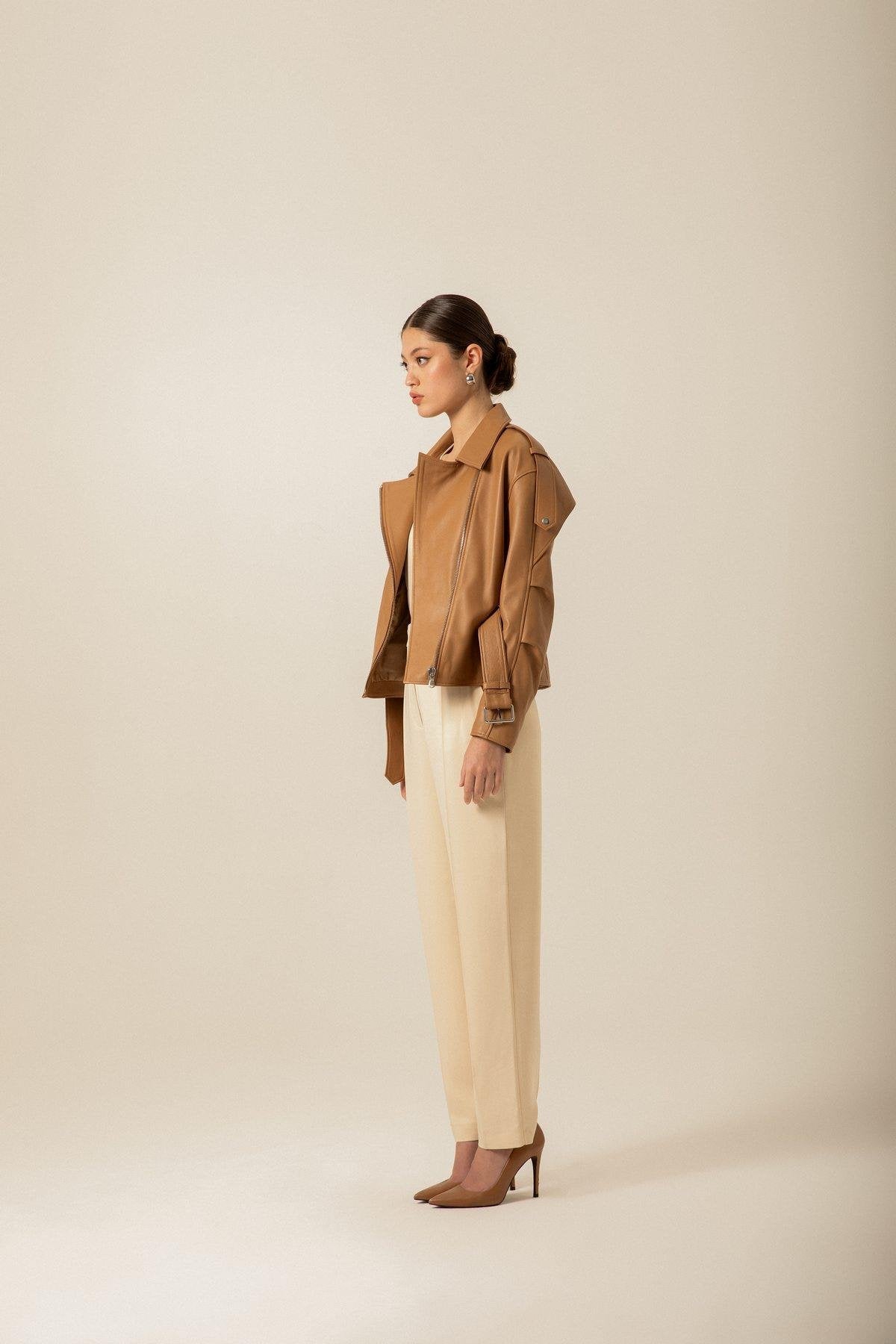 Kemerli Camel Biker Deri Ceket