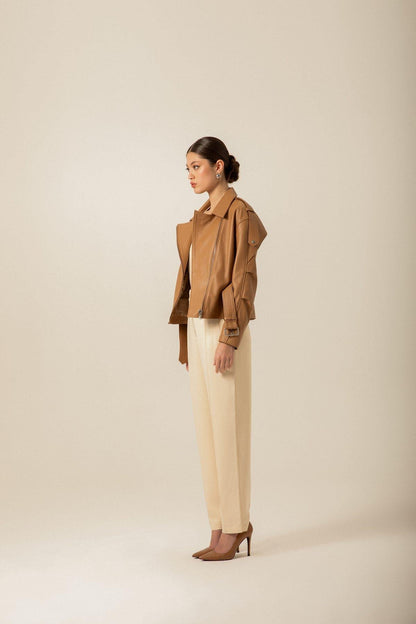 Kemerli Camel Biker Deri Ceket