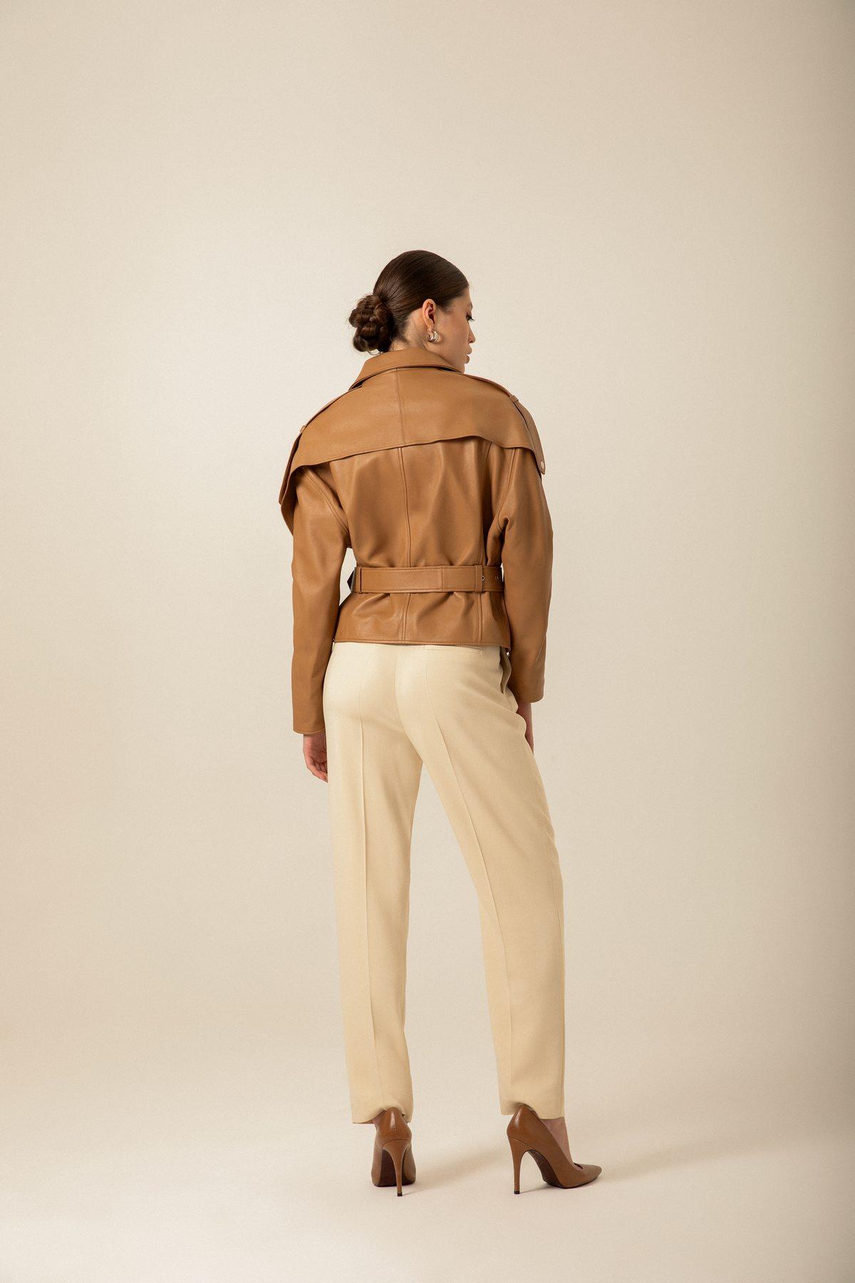 Kemerli Camel Biker Deri Ceket