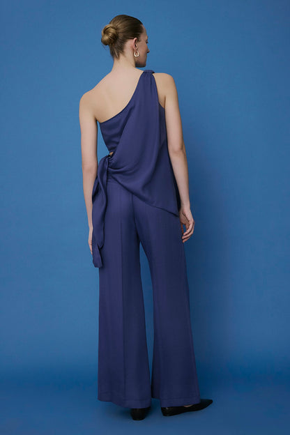 Kemerli Geniş Paça Indigo Pantolon