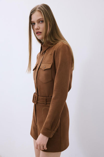 Kemerli Kontrast Dikişli Süet Kahve Şort