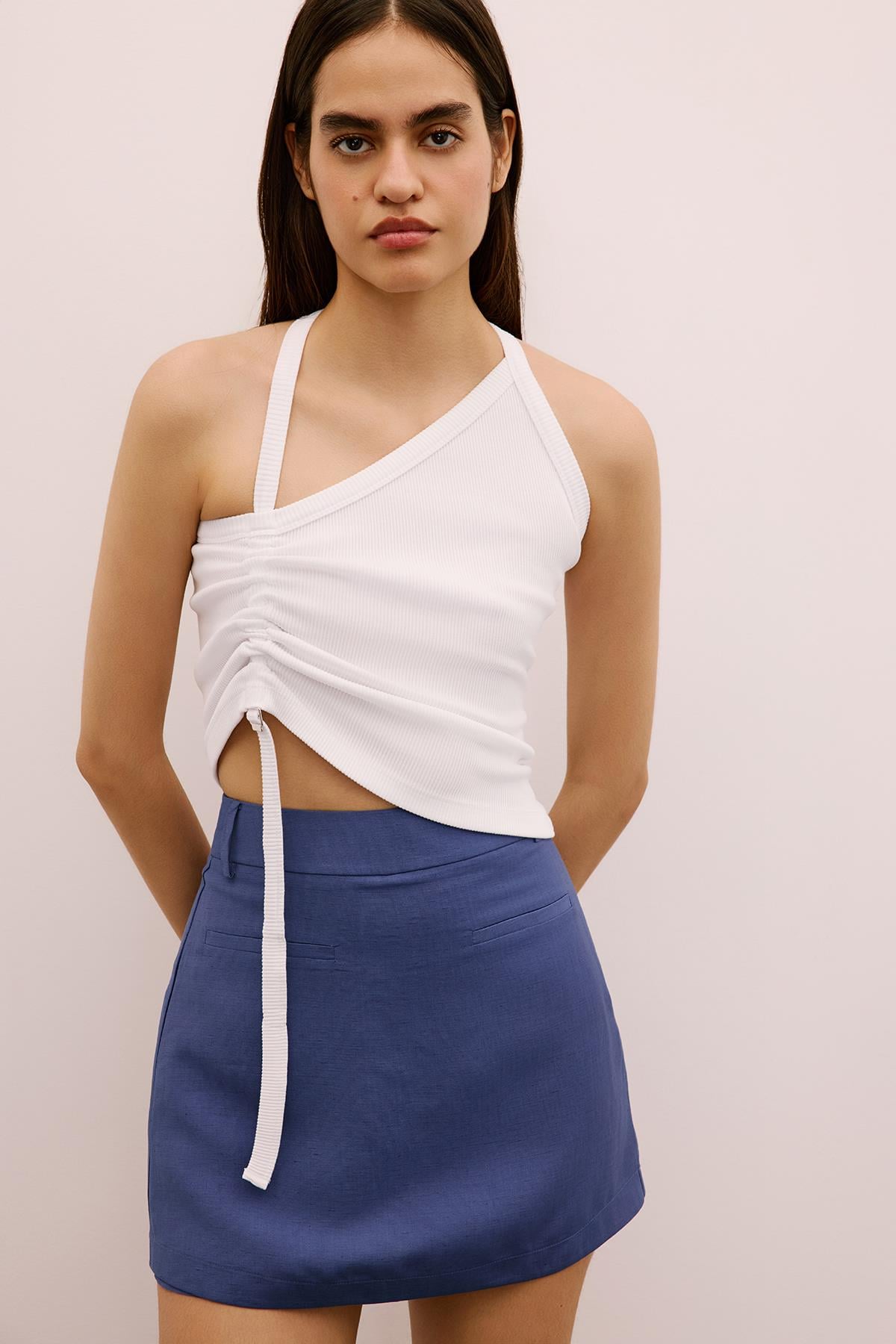 Kemerli Mini Indigo Şort Etek