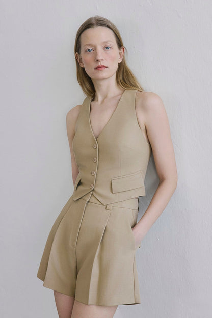 Keten Karışımlı Kemerli Mini Camel Şort