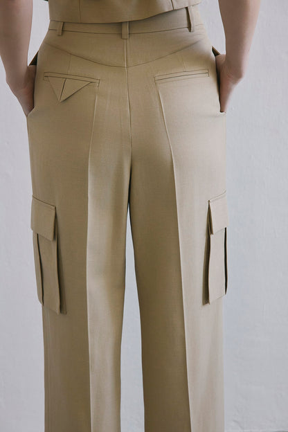 Keten Karışımlı Yüksek Bel Geniş Paça Camel Pantolon