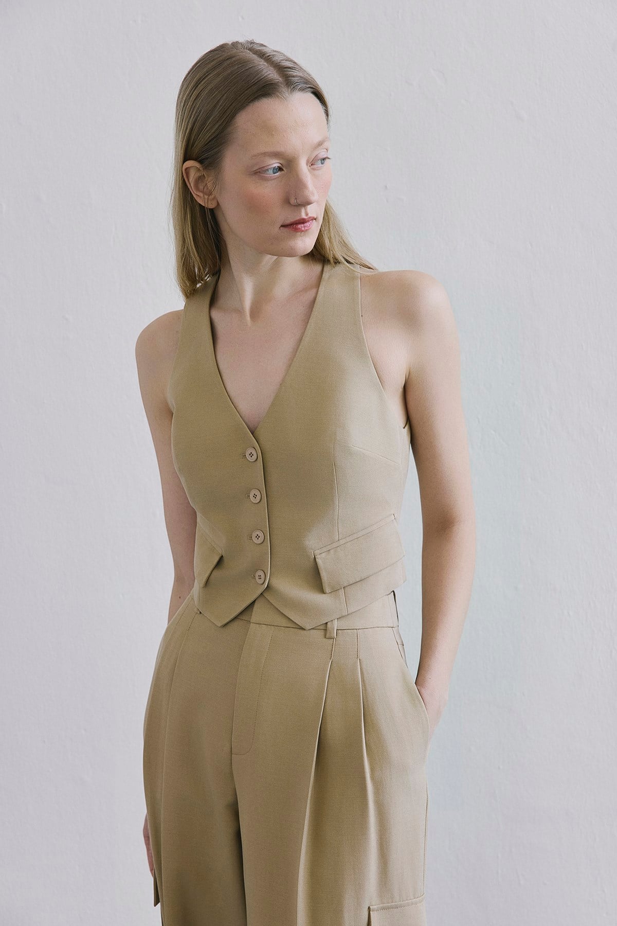 Keten Karışımlı Crop Camel Yelek
