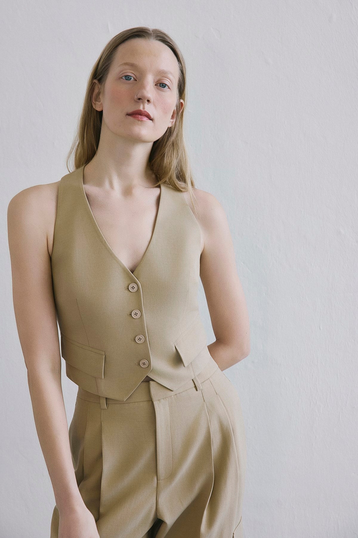 Keten Karışımlı Crop Camel Yelek