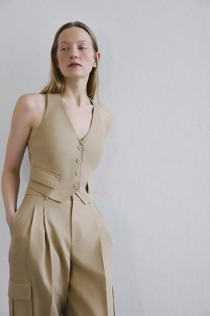 Keten Karışımlı Crop Camel Yelek